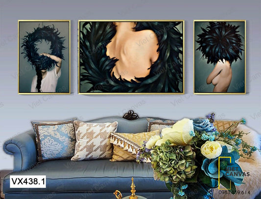 Bộ 3 Tranh Cô Gái Cùng Lông Vũ Đen - VX438.1
