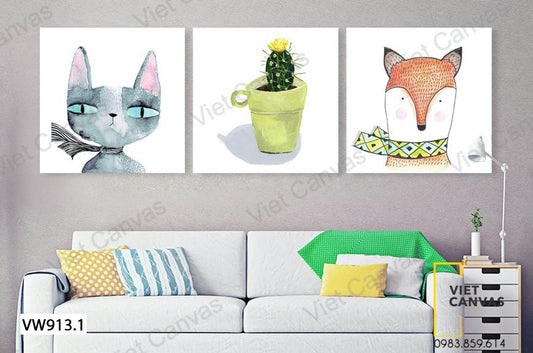 Bộ 3 Tranh Mèo, Cáo Và Xương Rồng - VW913.1