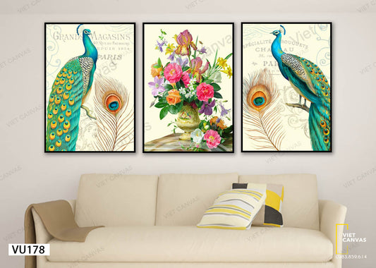 Bộ 3 Tranh Đôi Công Và Bình Hoa - VU178