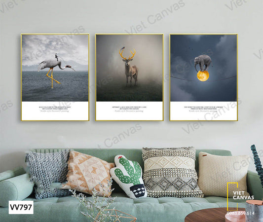 Bộ 3 Tranh Chim Hạc, Hưu Và Voi - VV797