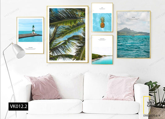 Bộ 5 Tranh Biển Cả, Quả Dứa Và Lá Dừa - VK012.2