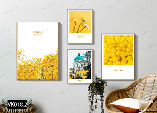 Bộ 4 Tranh Nóc Nhà Thờ, Hoa Lá Vàng Bong Bóng Vàng - VK018.2