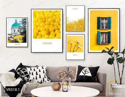 Bộ 5 Tranh Khung Cửa Sổ, Nóc Nhà Thờ, Hoa Lá Vàng Bong Bóng Vàng  - VK018.1