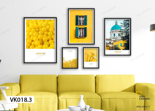 Bộ 5 Tranh Khung Cửa Sổ, Nóc Nhà Thờ, Hoa Lá Vàng Bong Bóng Vàng - VK018.3