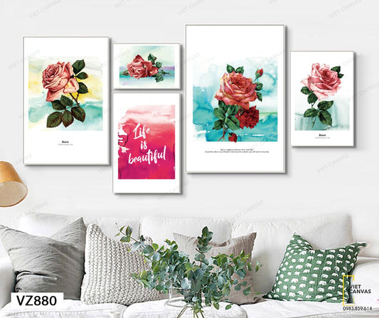 Bộ 5 Tranh Cây Hoa Hồng Và Quotes - VZ880
