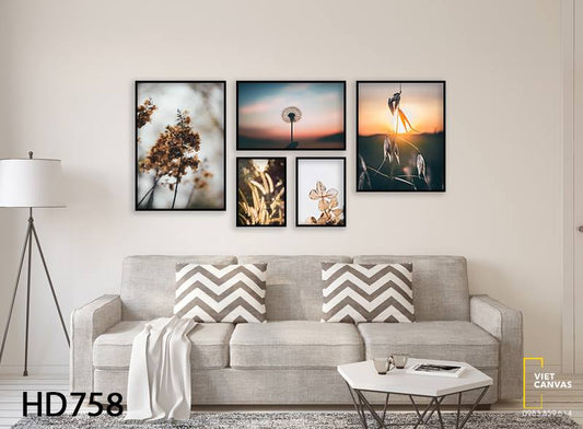Bộ 5 Tranh Hoàng Hôn Trên Lá Cây - HD758