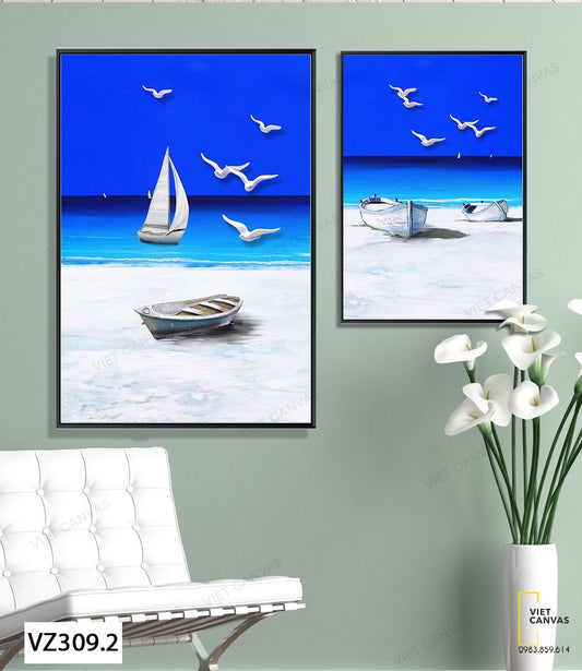 Bộ 2 Tranh Cánh Chim Con Thuyền Và Bãi Biển - VZ309.2