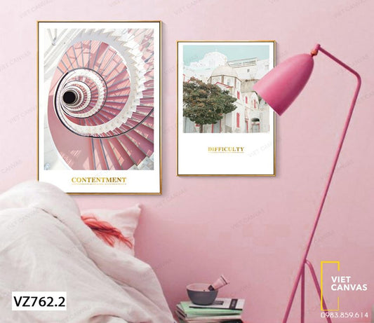 Bộ 2 Tranh Cầu Thang Xoáy Màu Hồng Và Tòa Nhà Sang Trọng - VZ762.2