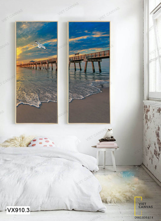 Bộ 2 Tranh Cây Cầu Và Bãi Biển- VX910.3