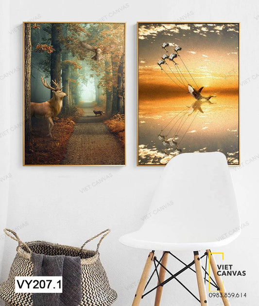Bộ 2 Tranh Chú Mèo, Con Hươu Và Cú Mèo Trong Rừng - VY207.1