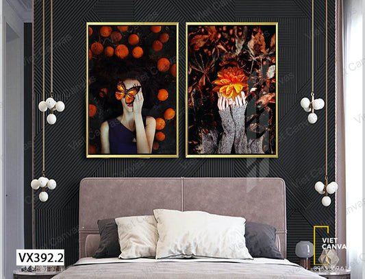 Bộ 2 Tranh Cô Gái Với Đóa Hoa Và Đàn Bướm - VX392.2