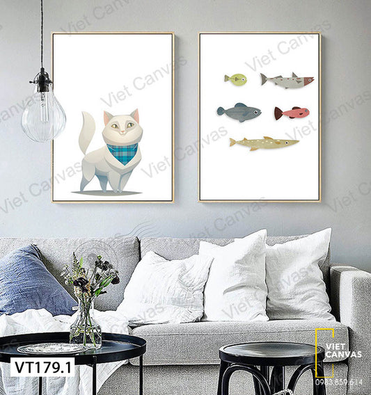Bộ 2 Tranh Chú Mèo Và Những Con Cá - VT179.1