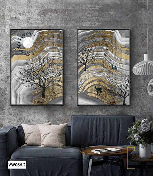 Bộ 2 Tranh Đàn Chim Bay Trên Ngọn Cây Và Những Con Hươu - VW066.2