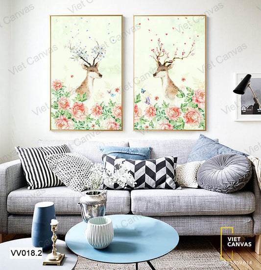Bộ 2 Tranh Hươu Và Vườn Hoa - VV018.2