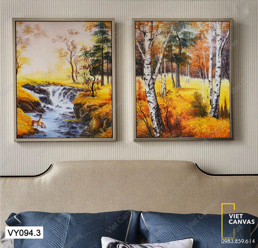 Bộ 2 Tranh Khu Rừng Vàng Và Đôi Hươu Bên Dòng Suối - VY094.3