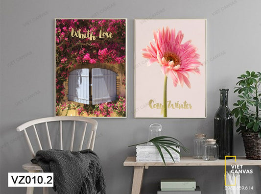 Bộ 2 Tranh Hoa Cúc Nở Và Khung Cửa Sổ Bên Dàn Hoa Giấy - VZ010.2