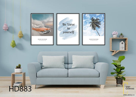 Bộ 3 Tranh Chiếc Xe Cổ, Cây Dừa Và Quotes Belive In Youself - HD883