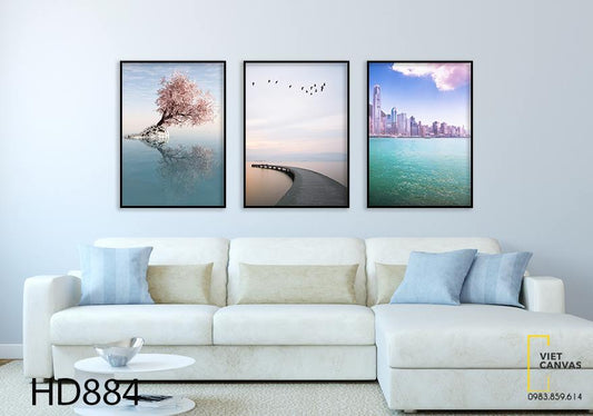 Bộ 3 Tranh Cành Cây, Chiếc Cầu Và Thành Phố Bên Biển - HD884