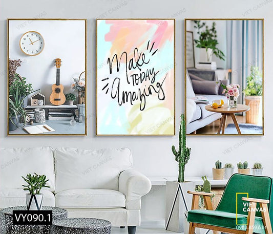 Bộ 3 Tranh Bình Hoa, Ukulele Và Quotes Make Today Amazing - VY090.1