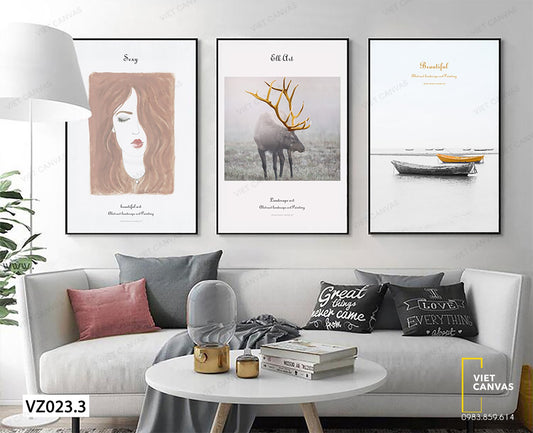 Bộ 3 Tranh Hươu, Chiếc Thuyền Và Cô Gái - VZ023.3