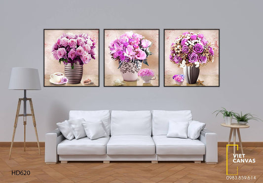 Bộ 3 Tranh Bình Hoa Hồng Tím - HD620