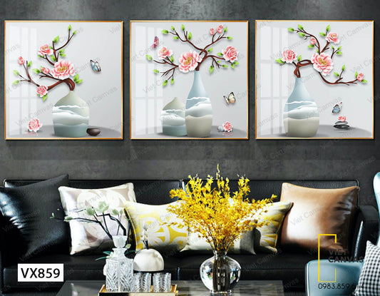 Bộ 3 Tranh Bướm Bay Trên Những Bông Hoa - VX859