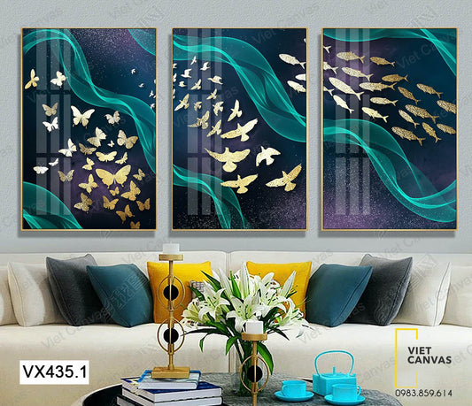 Bộ 3 Tranh Cá, Đàn Bướm Và Chim Bay - VX435.1