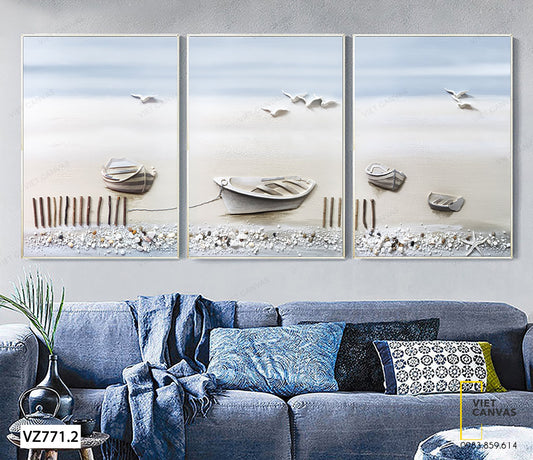 Bộ 3 Tranh Cánh Chim Và Những Chiếc Thuyền Trên Biển - VZ771.2
