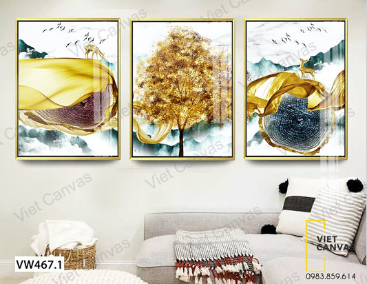 Bộ 3 Tranh Hươu Và Khu Rừng Cây Vàng - VX467.1