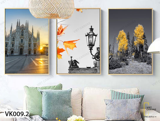 Bộ 3 Tranh Khu Nhà, Đèn Đường Và Khu Rừng - VK009.2