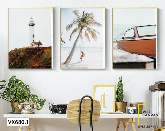 Bộ 3 Tranh Cano, Cây Dừa Và Ngọn Hải Đăng - VX680.1