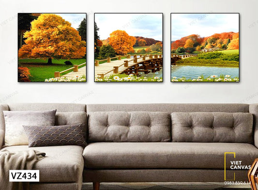 Bộ 3 Tranh Cây Cầu, Rừng Cây Vàng Và Hồ Nước - VZ434