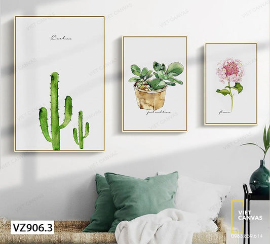 Bộ 3 Tranh Cây Hoa, Chậu Lá Và Nhánh Xương Rồng - VZ906.3