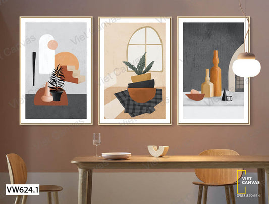 Bộ 3 Tranh Chén Và Chai Rượu - VW624.1