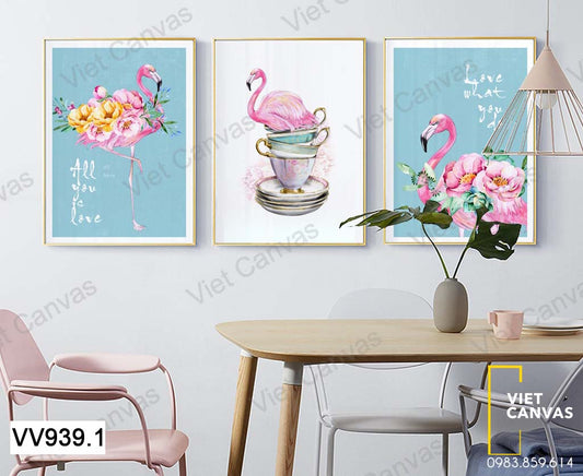 Bộ 3 Tranh Chim Hồng Hạc Và Những Chiếc Tách - VV939.1