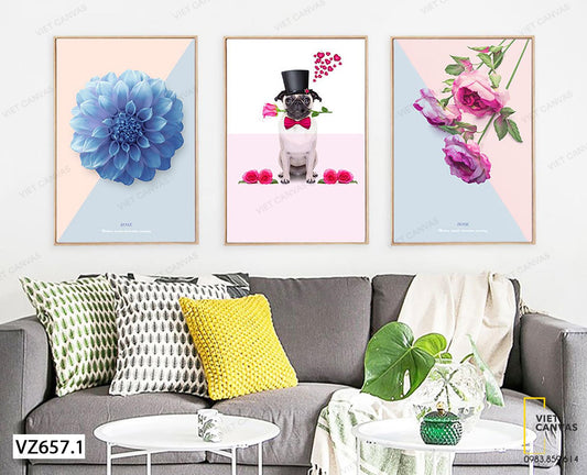 Bộ 3 Tranh Chú Chó Đáng Yêu Và Hoa Nở - VZ657.1