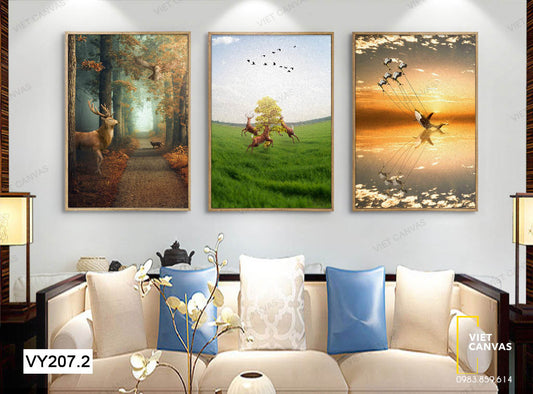 Bộ 3 Tranh Chú Mèo, Đàn Hươu, Cú Mèo, Cá Heo Và Đàn Chim - VY207.2