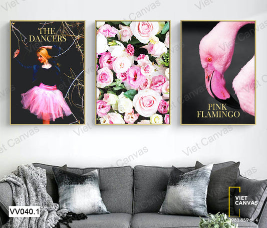 Bộ 3 Tranh Cô Gái, Chim Hồng Hạc Và Hoa Hồng - VV040.1