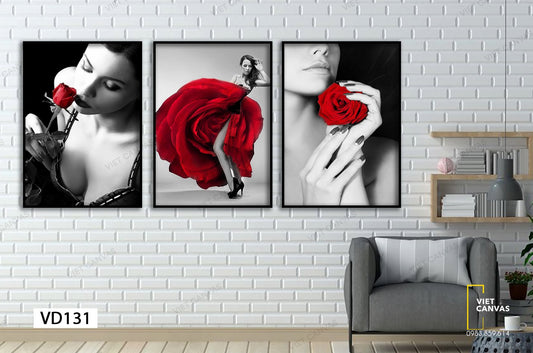 Bộ 3 Tranh Cô Nàng Quyến Rủ Bên Bông Hồng - VD131