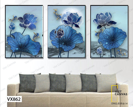 Bộ 3 Tranh Đàn Cá Bơi Lội Giữa Bông Súng - VX862