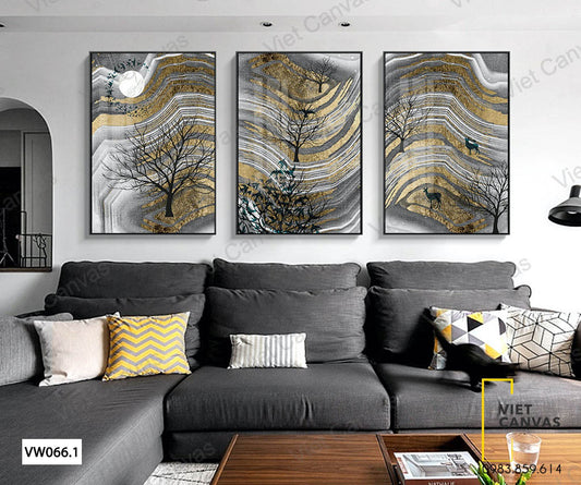 Bộ 3 Tranh Đàn Chim Bay Trên Ngọn Cây Và Những Con Hươu - VW066.1