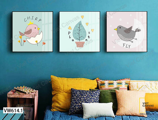 Bộ 3 Tranh Chim Nhỏ Và Chậu Cây - VW614.1