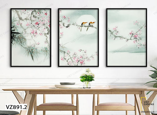 Bộ 3 Tranh Đôi Chim Sẻ Trên Cành Đào - VZ891.2