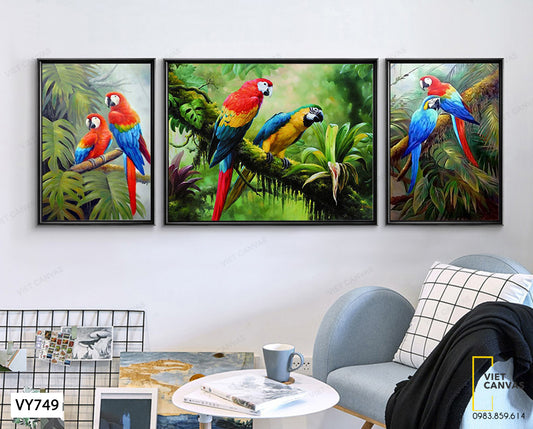 Bộ 3 Tranh Đôi Chim Vẹt Và Khu Rừng Xanh - VY749