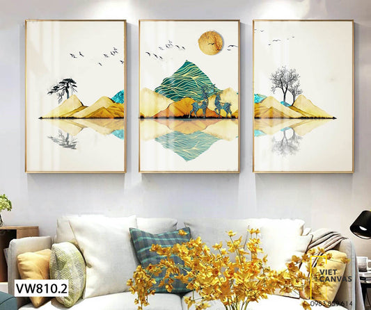 Bộ 3 Tranh Đôi Hươu Trên Đồi Núi Và Ánh Trăng - VW810.2