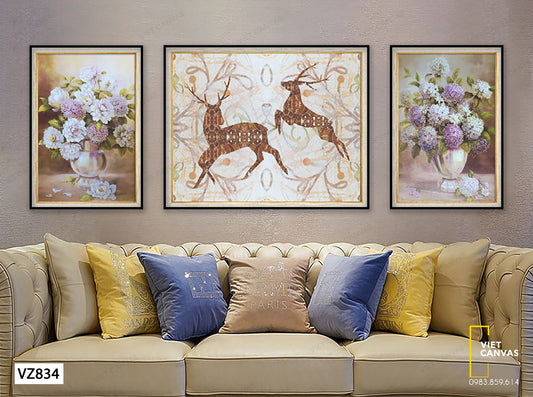 Bộ 3 Tranh Đôi Hươu Và Bình Hoa - VZ834