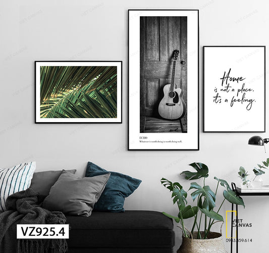 Bộ 3 Tranh Lá Xanh, Chiếc Đàn Và Quotes - VZ925.4