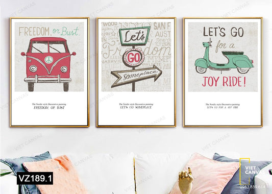 Bộ 3 Tranh Ô Tô, Xe Máy Và Bảng Chỉ Dẫn - VZ189.1