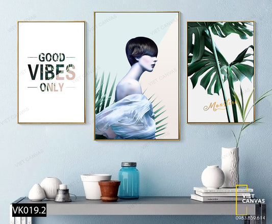 Bộ 3 Tranh Cô Gái, Lá Cây Xanh Và Quotes - VK019.2