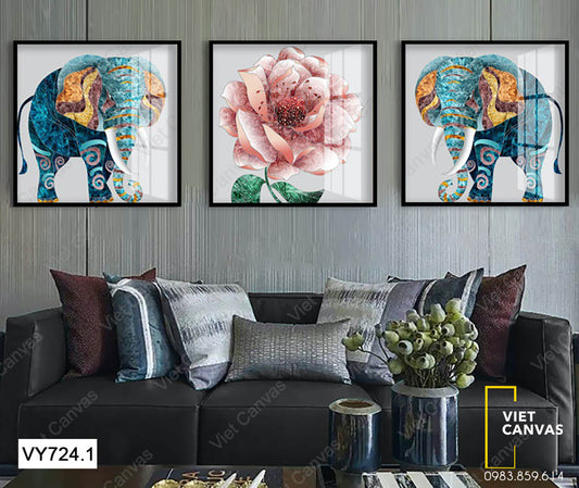 Bộ 3 Tranh Hai Chú Voi Và Bông Hoa - VY724.1